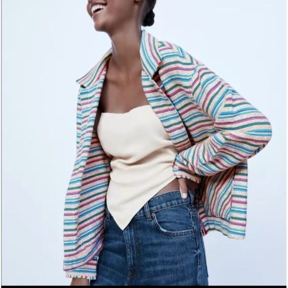ZARA Open Front Jacket Overshirt M Textured Multicolor Striped Embroidered Boho - Picture 1 of 12